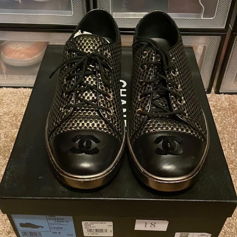 CHANEL Authentic Sneakers Fabric Lambskin Gold/Black